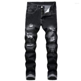 Men's Jeans Zippered European And American Youth Fashion Slim Fitting Black Denim Pants Large Size Ripped