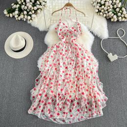 Casual Dresses Summer Women's Dress French Style Floral Backless Neck-Mounted Lace-Up Female Elegant Vacation Ruffles Spaghetti Strap