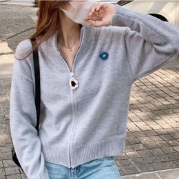 Women's Knits Knitted Cardigan Women Grey Short High Neck Zipper Sweater Coat 2023 Autumn Winter Tops Trendy Simple Casual Chic Ladies