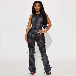 Women Jumpsuits Designer 2023 New Fashion Tie Dyed Tight Sleeveless Tassel Elastic Rompers 2 Colours