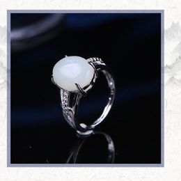 Cluster Rings S925 Sterling Silver Inlaid Natural Hetian White Jade Ring Open Exquisite Jewellery