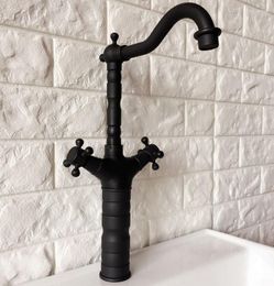 Kitchen Faucets Black Oil Rubbed Brass Dual Cross Handles One Hole Bathroom Basin Sink Faucet Mixer Tap Swivel Spout Deck Mounted Mnf343
