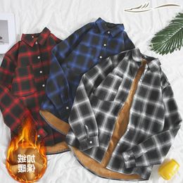 Men's Casual Shirts Winter Mens Thermal Shirt Plus Velvet Long-sleeved Plaid Thickened Loose Fleece Button Lapel Underwear Top