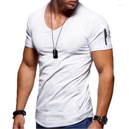 Men's T Shirts FANWEILIN Mens Fashion Zip Up Short Sleeve White Tshirts Summer Trendyol Men V Collared Solid Colour Tee Shirt Homme Koszulki