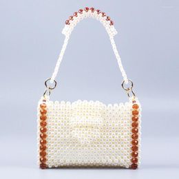 Evening Bags Vintage Pearl Handwoven Handbags For Women Fashion High Quality Double Color Spliced Women's Shoulder Bag Customization