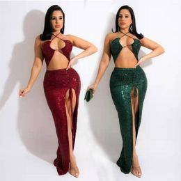Casual Dresses Sexy Sequin Hollow Out Drawstring Ruched Bodycon Evening Party Mini Sleeveless High Side Split Floor Long Dress