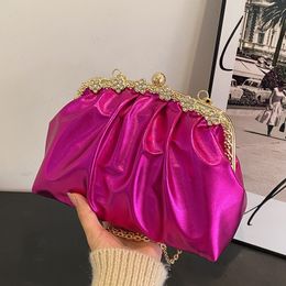Evening Bags Candy Color Clip for Women Glossy Diamond Handbags Ruched Shoulder Crossbody Bag Laser Shell Cloud Frame Kisslock Purse 230821