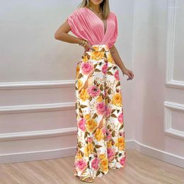 Women's Two Piece Pants 2023 Ladies Fashion V-Neck Work Wide Leg Office Trousers Suit Summer 2 Pieces Set For Women Short Sleeve Top And