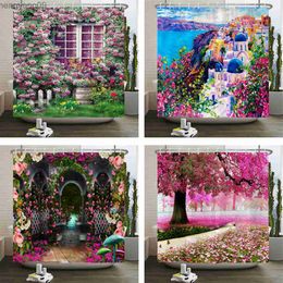 Shower Curtains 3D Waterproof Fabric Shower Curtains style Arched Flower Printed Bath Curtain Large 240X180 with Bathroom Screen R230829