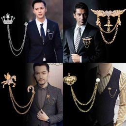 Korean British Style Crown Bird Brooch Cross Suit Tassel Chain Lapel Pin Angle Wings Badge Retro Female Corsage Men Accessories x0822