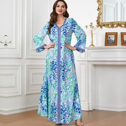 TPJB New Muslim Printed Maxi Women Dress V-Neck Skirt Casual Patchwork Female Robe Long Sleeve Dresses for Ladies 3507