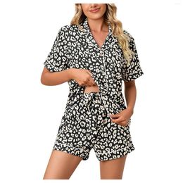 Women's Sleepwear Summer V Neck Short Sleeve Leopard Print Button Down White Edge Casual Pyjamas Two-Piece Set Ladies Suit