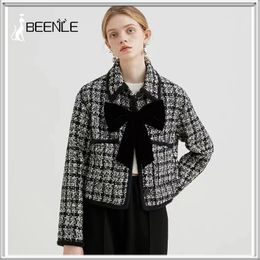 Women's Wool Blends BEENLE Tweed Jacket Women's Spring Woollen Suit Black Lapel Short Jacket Retro Style Bow Jacket Top Coat 230822