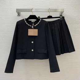 Two Piece Dress 2023 Autumn Black / Beige Rhinestone Two Piece Dress Sets Long Sleeve Round Neck Single-Breasted Coat High Waist Pleated Short Skirt Suits Set Two Piece
