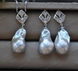 Dangle Earrings Z12424 23mm Baroque Grey Keshi Reborn Pearl Earring Pendant CZ