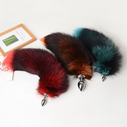 40cm 16 Real Genuine Fox Fur Tail Plug Anal Butt Metal Stainless Insert Sexy Stopper Cosplay Toys265D