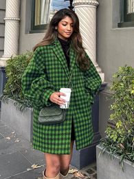 Women's Wool Blends Vintage Green Plaid Overcoat Women Autumn Winter Fashion Loose Long Sleeve Single Button Jackets Long Coats Tops Streetwear 230823