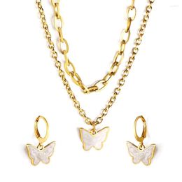 Necklace Earrings Set Double Layer White Shell Butterfly For Women Stainless Steel Simple Animal Shape Cute Exquisite Jewelry