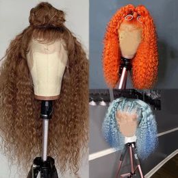 Brown /blue Coloured Kinky Curly Lace Front Human Hair Wigs Orange Lace Front Wig HD Transparent Lace Deep Wave Frontal Wig