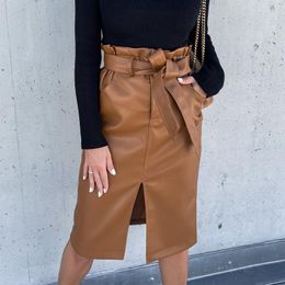 Skirts Casual Leather Half Skirt Autumn/Winter Sexy Split Strap Lace Up Wrap Hip Skirt2023