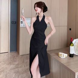 Summer New Hong Kong Style Temperament Dress Evening Dress Hepburn Style Hanging Neck Open Back Long Western Style Age Reducing Mesh Red Dress