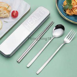 304 Stainless Steel Chopsticks Spoon Set Fork Single Portable Tableware Box Three-piece Student Storage Box Kitchen Accessories HKD230812