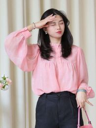 Women's T Shirts 2023 Spring/Summer Silk Top French Sweet Edible Tree Collar Cherry Blossom Pink Lantern Long Sleeve Shirt