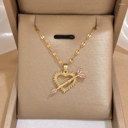 Chains DODOHAO 316L Stainless Steel Cupid Pierces The Heart With Arrow Zircon Pendant Necklace For Women Fashion Clavicle Chain Jewellery