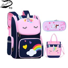 Zaini Fengdong Cute 3D Cartoon School Backpack Set Bags per la scuola elementare per ragazze Rainbow Love Heart Children Pen Pencil Borse Set 230822