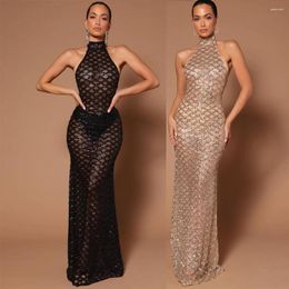 Casual Dresses Party Sequin Women Sleeveless Elegant Halter Slim Tight Long Dress High Waist Sexy Backless Vestidos Evening 2023 Prom