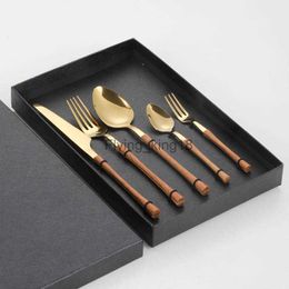 Stainless Steel Tableware 4/5 Set Japanese and Korean Style Imitation Wooden Handle Small Waist Knife Fork Spoon Set Gift Box HKD230812