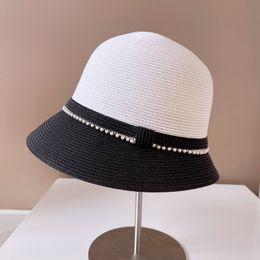 Berets Japan Bucket Hat Cap Female Women's Wide Brim Summer Hats Braided Straw Fishing Elegant Beach Twocolor Stitching 230822