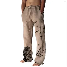 Men's Pants 2023 Flying Bird Printing Casual Trousers Men Autumn Drawstring Cotton Linen Slackes Spring Loose Long Male Clothings