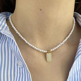 Pendant Necklaces Rectangular Shield Imitation Pearl Necklace For Women Collar Stainless Steel Clasp Gold Color Vintage