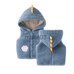 Down Coat Autumn Winter Baby Plus Velvet Waistcoat Girls Boys Plush Vest Single Breasted 3D Dinosaur Hooded Child Warm Lamb Cotton Coat J230823