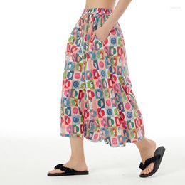 Women's Pants Johnature Summer 2023 Women Loose Casual Japanese Wide Leg Print Cropped Elastic Waist Pockets