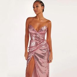 Casual Dresses 2023 Summer Women Pink Colour Sparkly Sequins Strapless Sexy Off-The-Shoulder Slit Floor-Length Bodycon Dress Evening