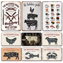 Funny Cut's Of Pork Duck Fish Tin Sign Vintage The Butcher's Guide Metal Plate Decor Plaques Retro Restaurant Kitchen Meat Shop Decoration Signs 30X20CM w01