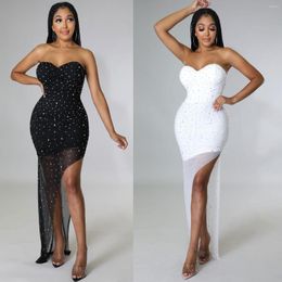 Casual Dresses Sexy Women Strapless Bodycon Rhinestone Birthday Party Dress Shiny Long Split Club