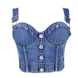 Bustiers & Corsets 2023 Fashion Sexy Denim Women Button Bustier Bra Night Club Party Cropped Top Vest Tops Rave Festival Push Up Corset Tank