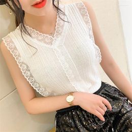 Women's Tanks Casual Lace Knit Stitching Tank Tops Women Sweet V-neck Hollow Korean Slim Sleeveless Top Black White Pink Bottoming Vest