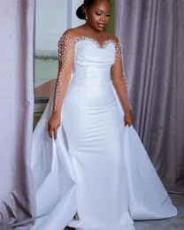 2023 Arabic Aso Ebi White Mermaid Wedding Dress Beaded Pearls Detachable Train Bridal Gowns Dresses ZJ303