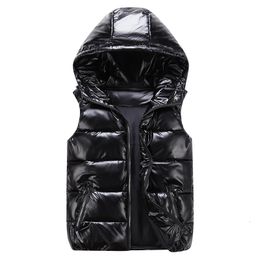 Men s Vests Man woman child Vest Winter Hooded Glossy Cotton Casual Waistcoat Sleeveless Jacket Warm Overcoats Hat 230822