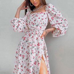 Casual Dresses Women Print Long Dress Summer Sexy V-Neck Slit Mid Length Vacation Beach Lantern Sleeve High Waist Swing Robe