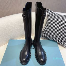 Triangle Panelled Knee Boots Flat Heel Leather Sole Pointed Toe Boot Women's Luxury Designers