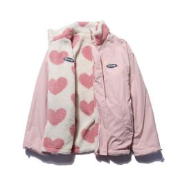 Women's Jackets Doublesided heart shape design lamb plush women's coat cotton clothes winter warm windproof jacket street Y2K clothing 230822