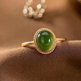 Wedding Rings HOYON Real 18K Pure Gold Coating Ring for Women Imitation Emerald Gems Female Ladies Oval Jade Stone Party Jewellery Gift 230822