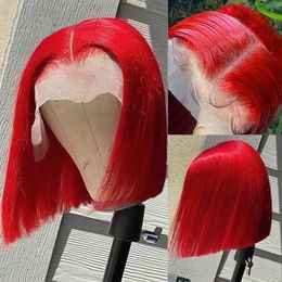 220%density 13x4 Red Short Bob Lace Front Human Hair Wigs for Women Brazilian Transparent Human Hair Wig Straight Coloured Remy Hair
