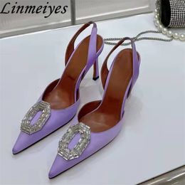 Wedding Women Sexy Pumps 585 Buckle High Dress Shoes Pointed Toe Slingbacks Thin Heels Crystal Bling Summer Sandals Woman 230822 30