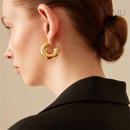 Stud AOMU Geometric Simple Minimalism Round Gold Color Silver Thick Metal Hoop Earrings for Women Jewelry 1 cm Wide 230823